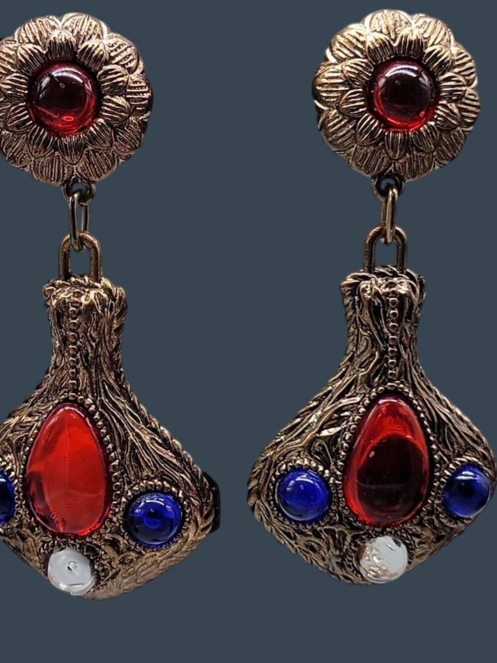 Vtg Etruscan Revival Byzantine Dangling Clip On Earrings 3" Statement Pieces
